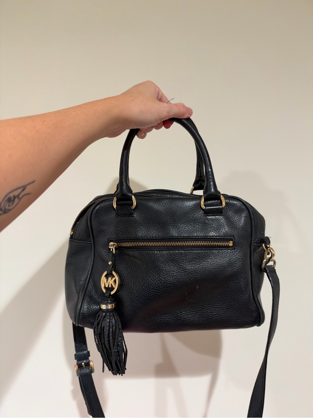 Michael Kors Black Leather Dome Satchel with Tassel Charm